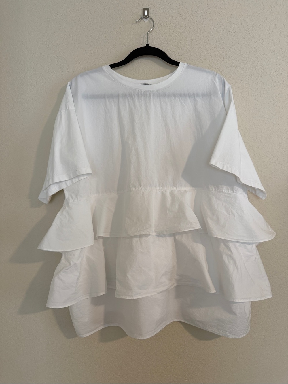 Zara 100% cotton White Tiered Ruffle Short Sleeve Blouse